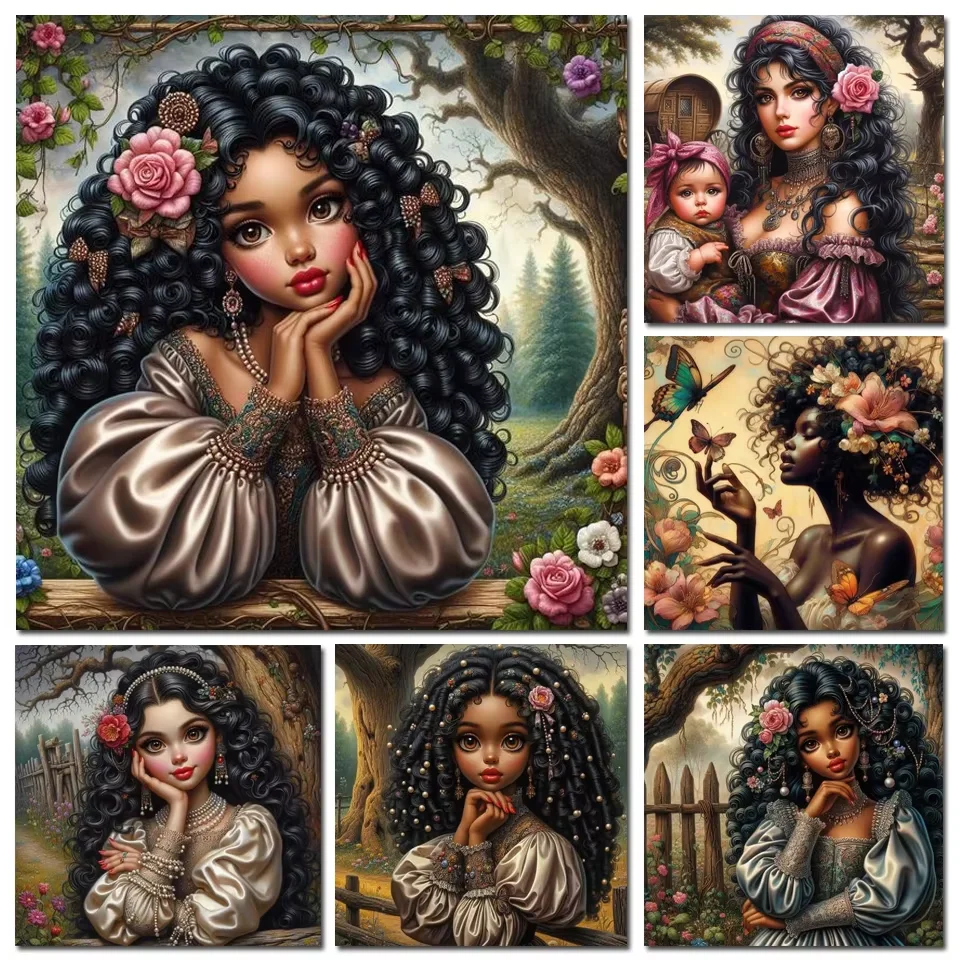 2024 New Mosaic Diamond Embroidery Elegant African Black Girl Full Square Round Drill Fairy Flowers Picture Of Rhinestone Sale