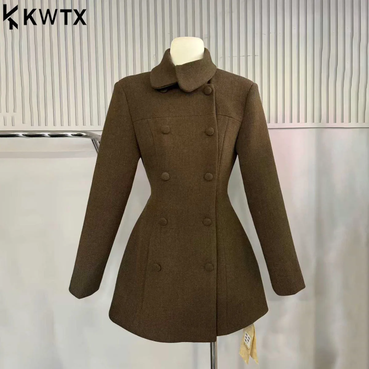 

KWTX 2025 New Women’s Wool Blend Coat Dress Asymmetric Collar Double Breasted Belted Waist Mid-Length Elegant Winter Outerwear