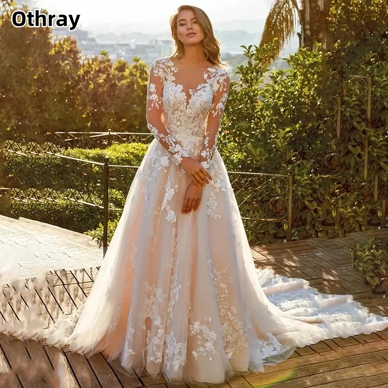 

Othray Lace A-line Wedding Dress Long Sleeves Sweep Train Jewel Buttons Back Vestido De Novia Bridal Gown Wedding Dresses