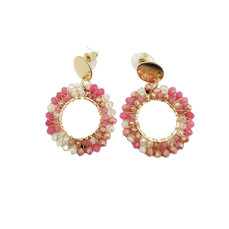 Beaded earrings Circle Retro  Crystal Originality Double-deck Hand knitting Bohemia Alloy Tide Simple Rice bead earrings