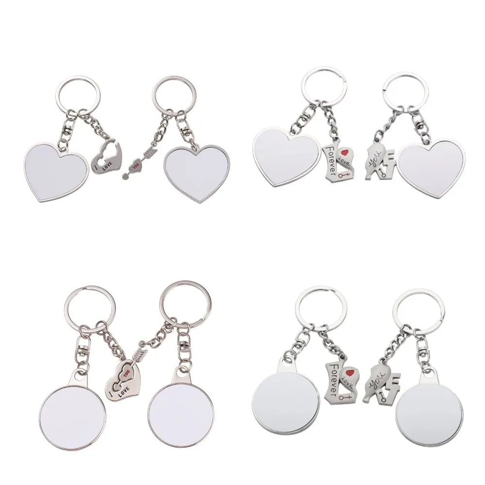 Sublimation Blank Keychain 1Pair=2pcs Metal Pendant Key Chain Round&Heart Shaped Key Ring Holder Custom Logo Jewelry Small Gift