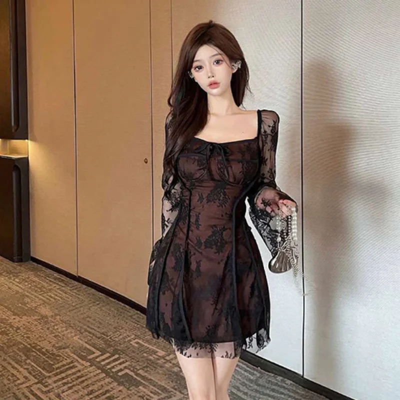 المتضخم المألوف الدانتيل المرقعة ساحة طوق مضيئة كم فستان قصير الخريف الاتجاه مثير جلد الرسن فستان الأميرة النساء #2