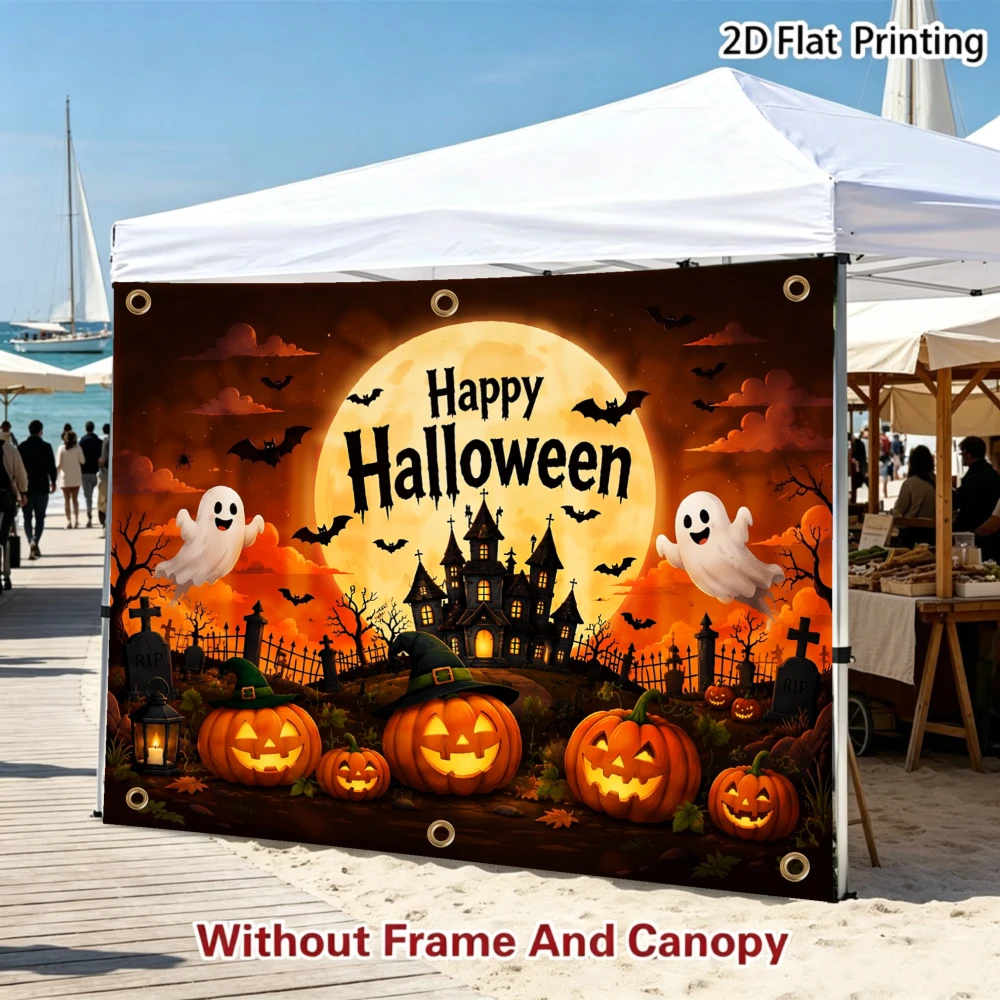 1pc 2D Printed Sidewall Sun Shelter with Happy Halloween Pumpkin Ghost Castle Moon Bat Pattern Print, RV camping, road trip camp