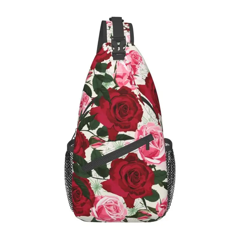 Cool Red Pink Roses Sling Crossbody Backpack Men Floral Pattern Shoulder Chest Bags for Travel Cycling