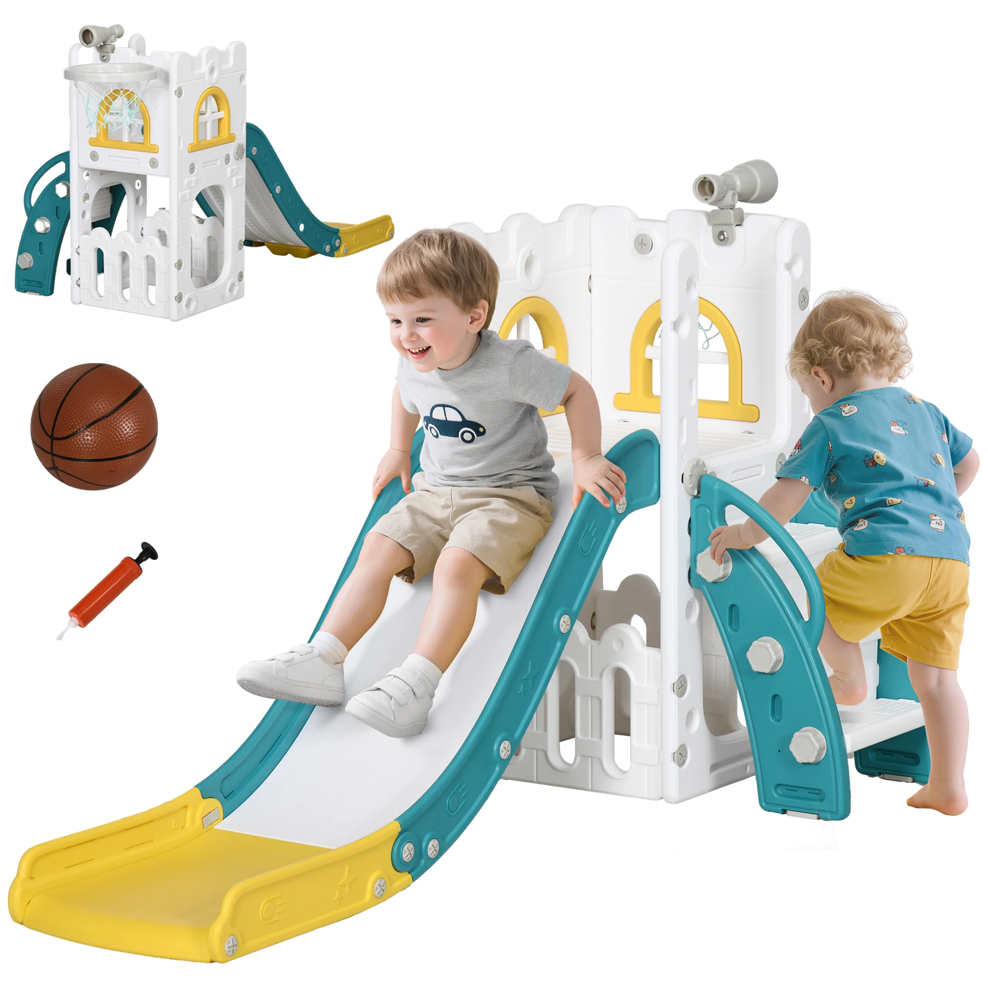 AIYAPLAY Toboggan pour enfant 5 en 1 avec panier de basket, télescope, espace de rangement, ballon et escalade antidérapante, ai