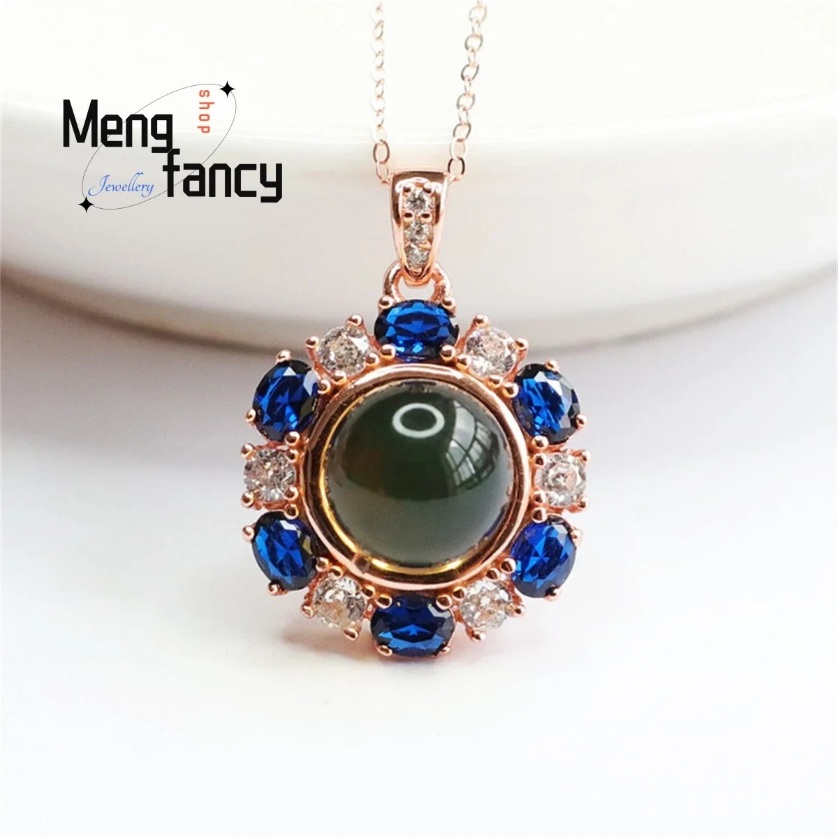 

Natural S925 Silver Inlaid Sapphire Amber Bead Necklace Simple Generous Personality Fashion Versatile Women Jewelry Couple Gift