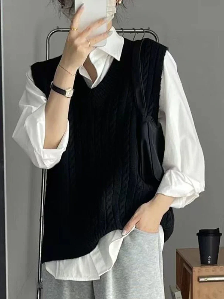 Suéter sin mangas con cuello en V para mujer, chalecos sólidos suaves y acogedores de punto Harajuku Unisex, informal, básico que combina con todo,