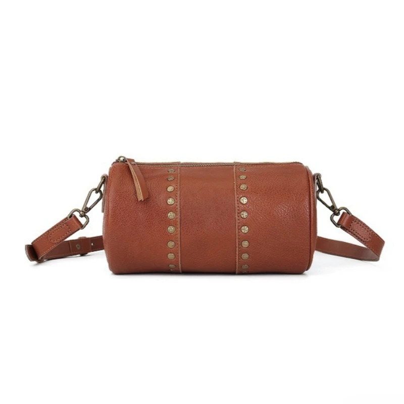 Vintage Everyday Shoulder Bag for Women Genuine Leather Vegetable Tanned Studded Detail Luxury Handbag Portable