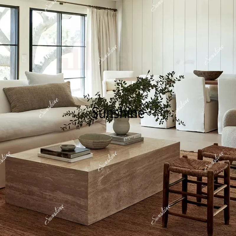 

Modern Rectangular Marble Coffee Table with Natural Stone Travertine Base for Home Living Room Furniture and Center Table