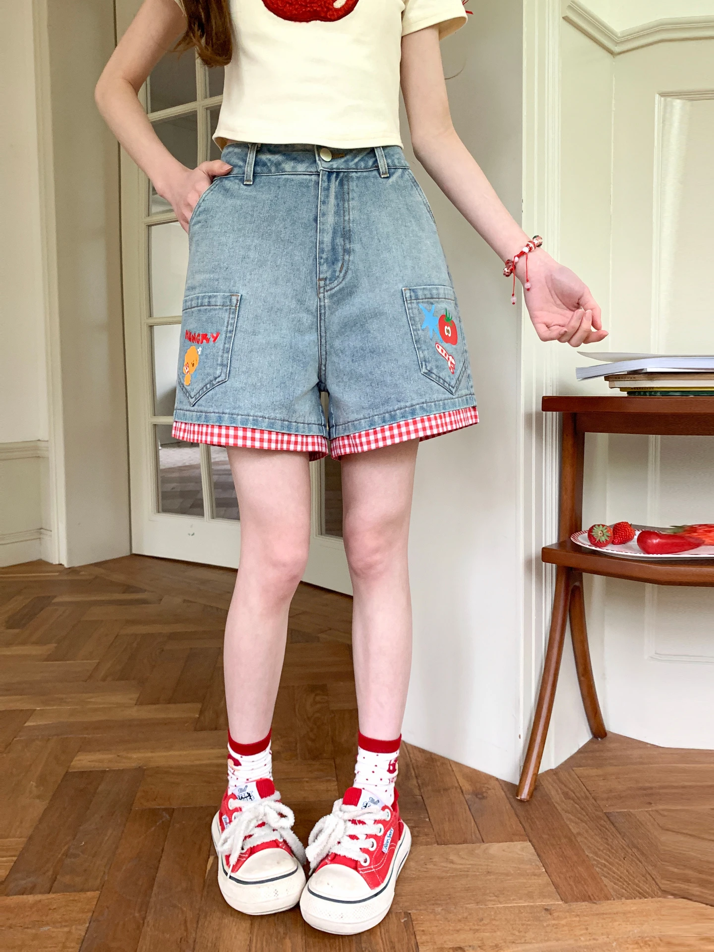 Embroidered Dog Design Short Shorts Women's Plaid Cuffed High Waist Loose Slimming Denim Cotton Casual Summer High Waist