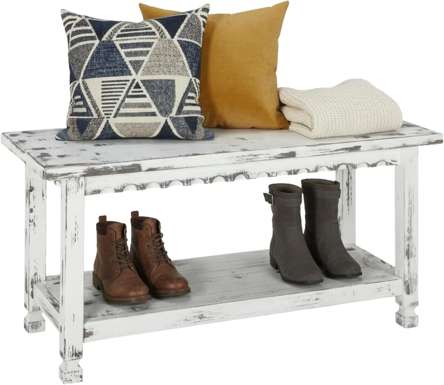 36-Inch Farmhouse Entryway Bench with Storage Shelf in Distressed White, Solid Pine Wood for Hallway, Bedroom or Mudroom