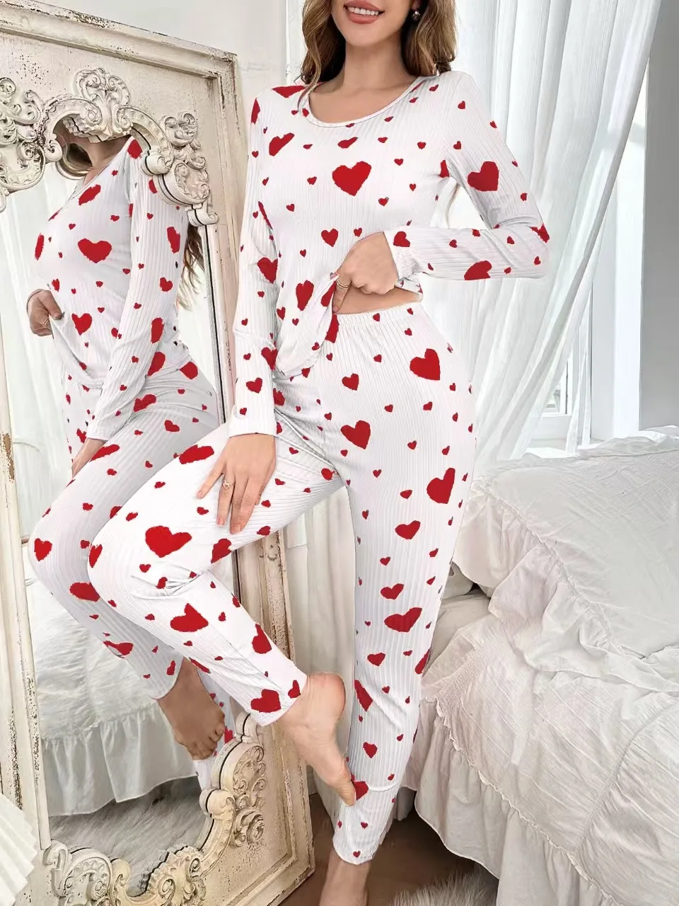 

Women's Autumn Winter Pyjama Set, Heart Print Long Sleeve Long Pants Loungewear