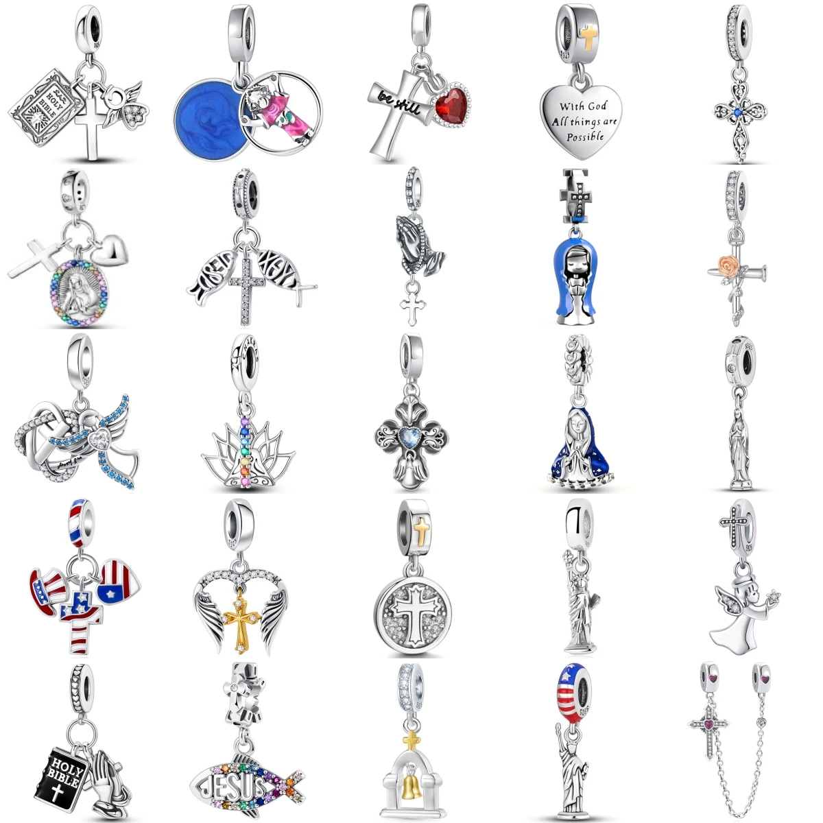 S925 Silver Faith Charm Cross Bible Virgin Mary Angel Pray Hand Lotus Fish Liberty Jewelry Gift Original Accessories
