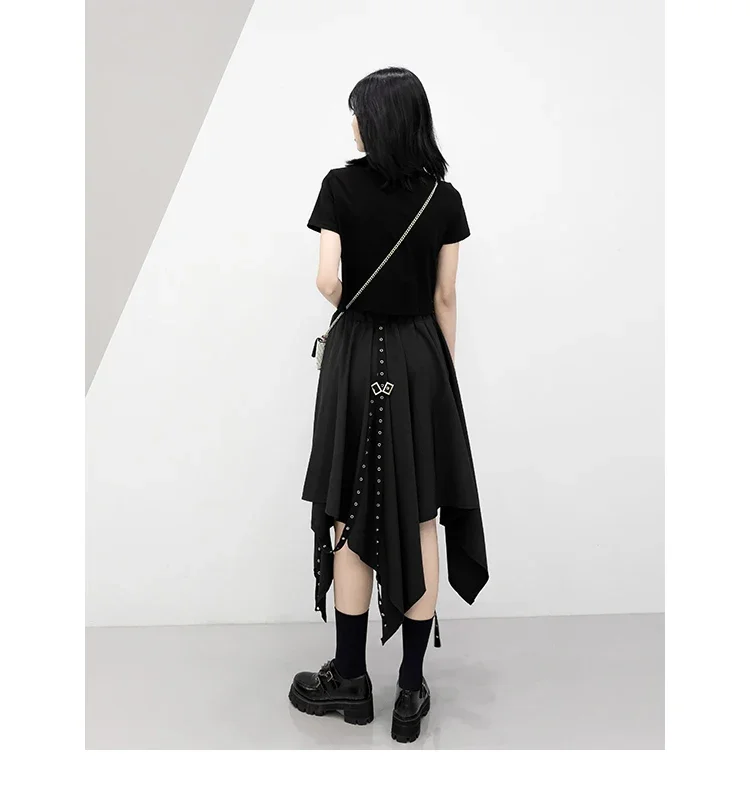 Long Skirt Irregular Skirt Girl\'s New Dark Tie Street Punk Wind Weave Buckle Medium-length Y2k Gothic Skirt