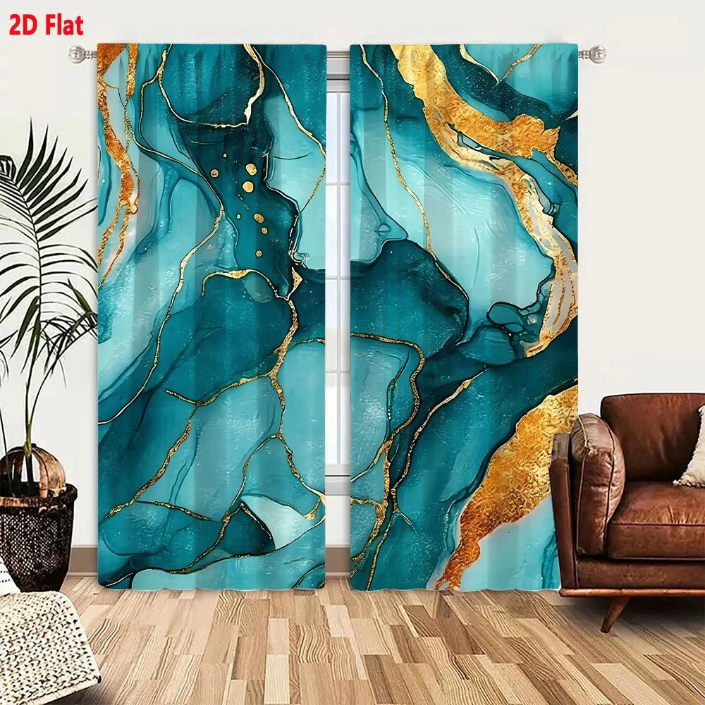 2Pcs Curtains Luxurious Abstract Art Teal Turquoise Gold Veins Fluid Painting Window Drapes for Bedroom Room Decor Decoration Wi