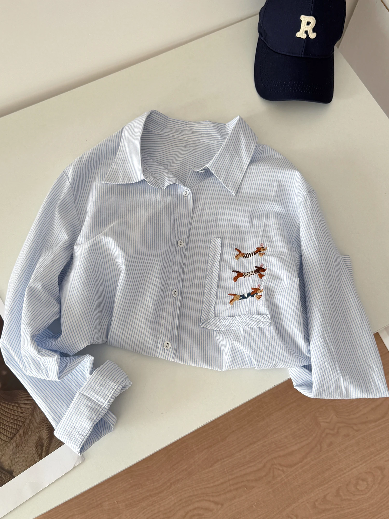 

Korean Cartoon Embroidery ket Striped irt Women's Spring Autumn Loose Design Commute Layering Trendy Base irt