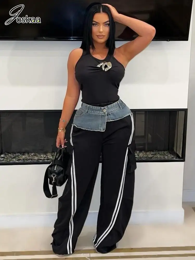 

Joskaa Women Denim Patchwork Pocket Wide Leg Trousers Fashion Striped Print High Waist Loose Jogger Pants Sweatpants Streetwear