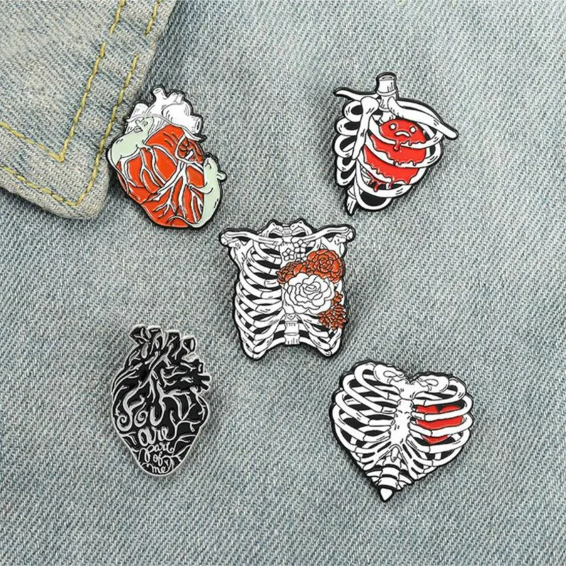 Enamel Pins Custom Rib Cage Rose Heart Brooch Lapel Badge Bag Gothic Punk Jewelry Gift for Friends Love Even Dead