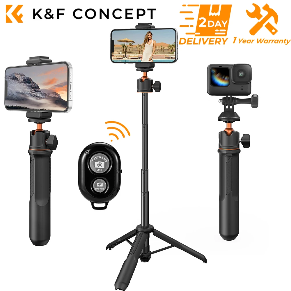 K&F Concept 23.6‘’/60cm 3 in 1 selfie stick desktop stand with ball head mobile phone holder GoPro adapter  Bluetooth remote