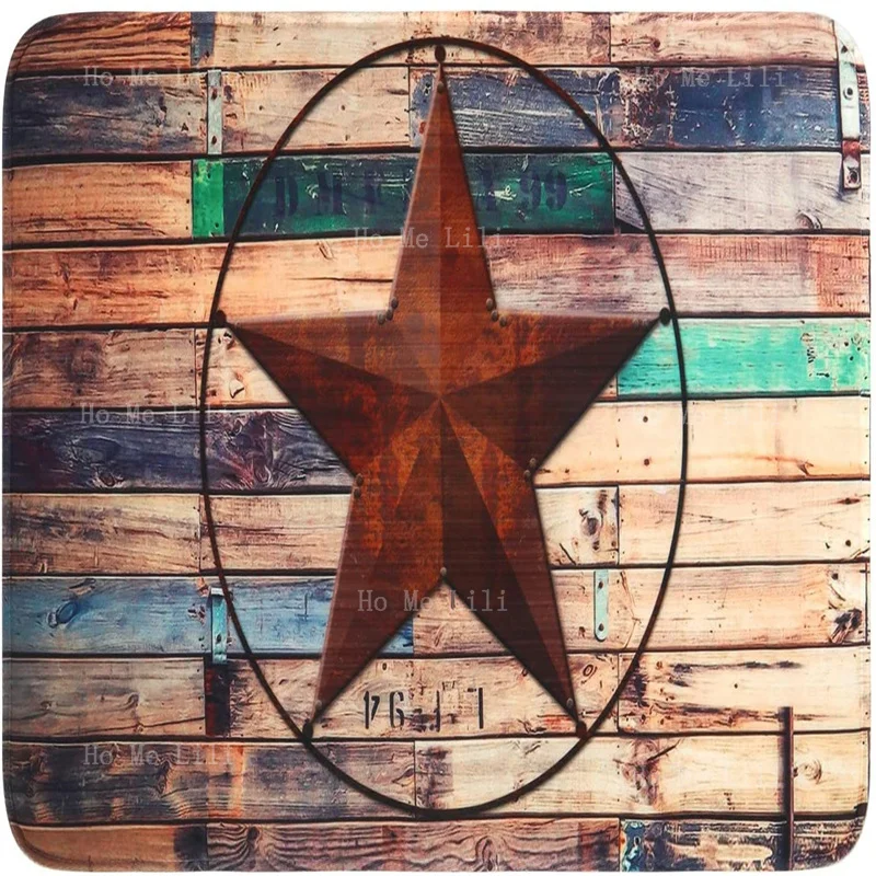 Rustic Barn Coral Design Retro Western Texas Star On Brown Wooden Grain Flannel Floor Rug Non Slip Ultra Soft Carpet Decor