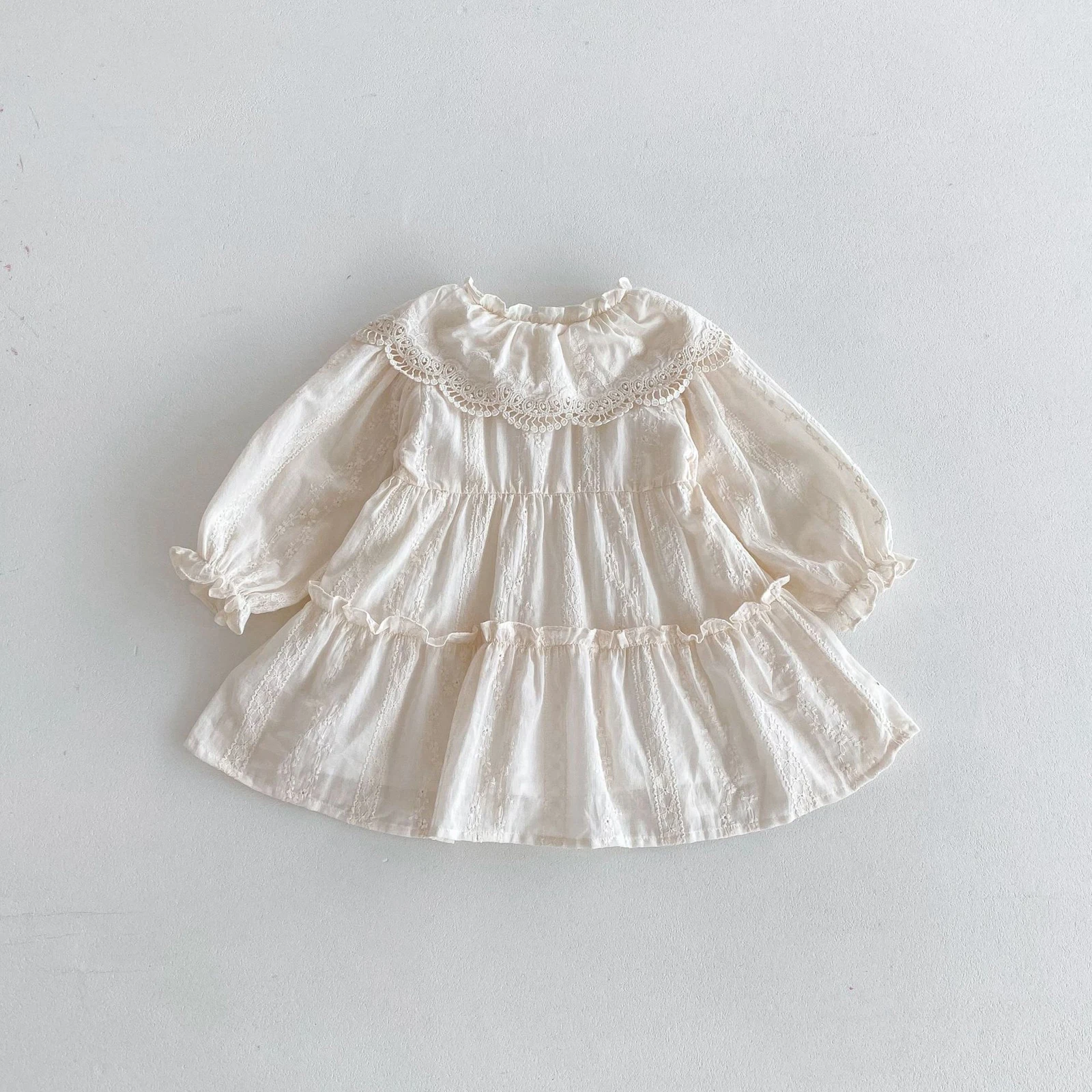 0-4Y Toddler Girl Long Sleeve Dress Lace Trim V Neck Tiered Ruffled Princess Dresses Casual Spring Fall Clothes