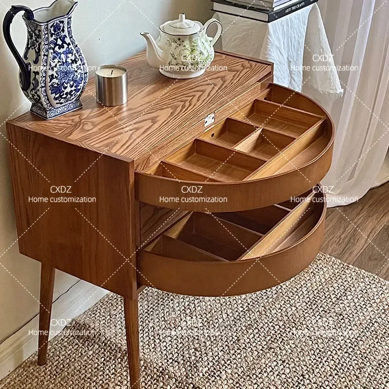 Medieval Rattan Bedside Table Multi Functional Rotatable Edge Jewelry Storage Cabinet Retro Style Solid Wood Nightstand