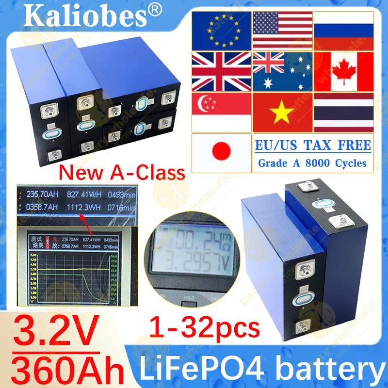 Nuevo Clase A 8000 + ciclos 3,2 V 360Ah Lifepo4 batería recargable de fosfato de hierro y litio para DIY 12V 24V Solar RV Camping