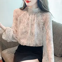 Elegante Stand Collar Chiffon Blusas, impresso Dobras Beading, Loose Casual Tops, Senhora do escritório Camisas, Roupas Femininas, Novo, Primavera, 2022