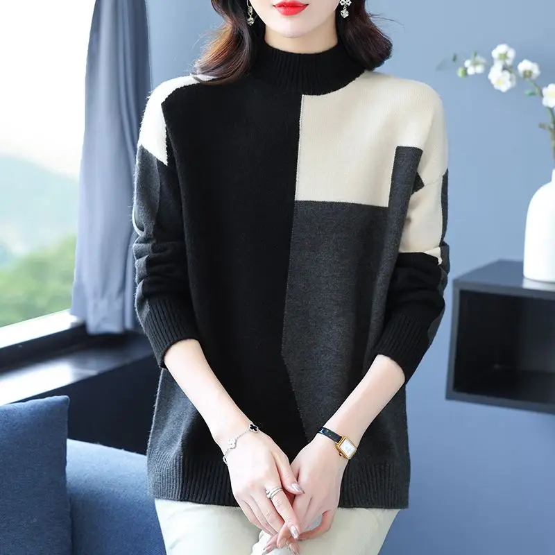 Autumn Winter New Fashion Half High Collar Long Sleeve Pullovers Women\'s Clothing Patchwork Color Blocking Trend Knitting Tops