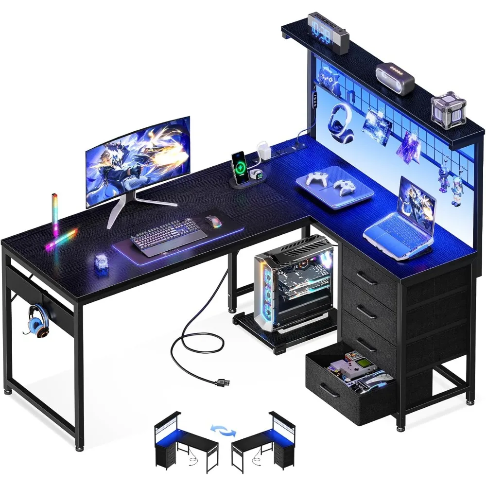 

L Shaped Gaming Desk with Shelf & 4 Drawers, 51" Reversible Computer Desk with LED Light, Home Office Table with Hutch and Hook