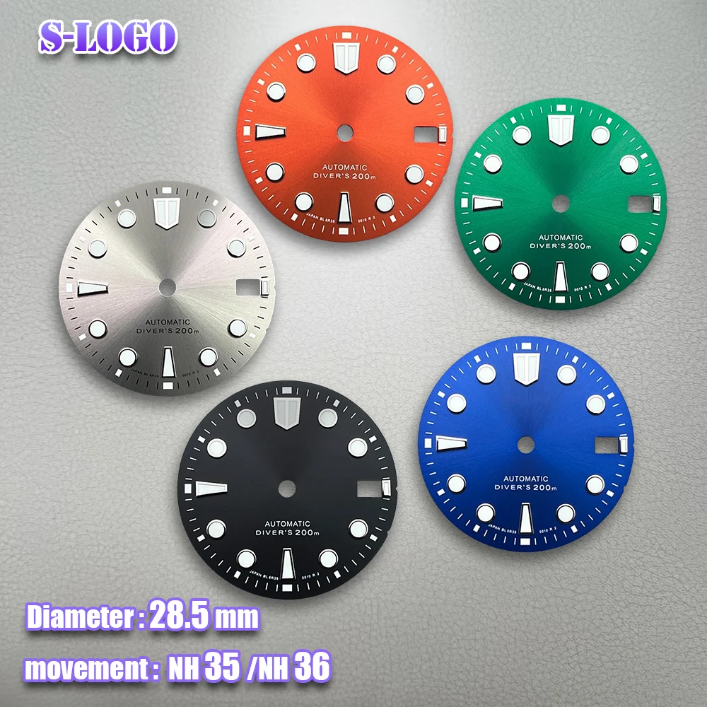 28.5mm S Logo NH35 Diver's Automatic SUB Sunray Dial Fit NH35/NH36/4R/7S Movement Green Luminous 3/3.8 O'clock Watch Accessories