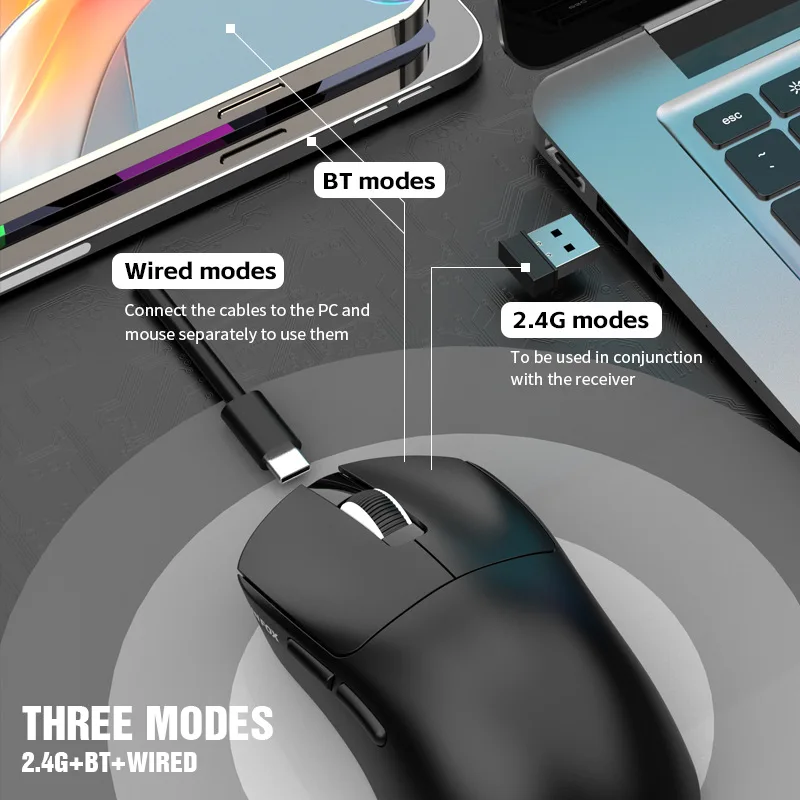 Gaming Mouse Wireless 55g Lightweight Macro Programming Game Mouse 6 Keys Bluetooth 2.4G Tri-Mode 12000DPI PAW3311 H8 E-sports