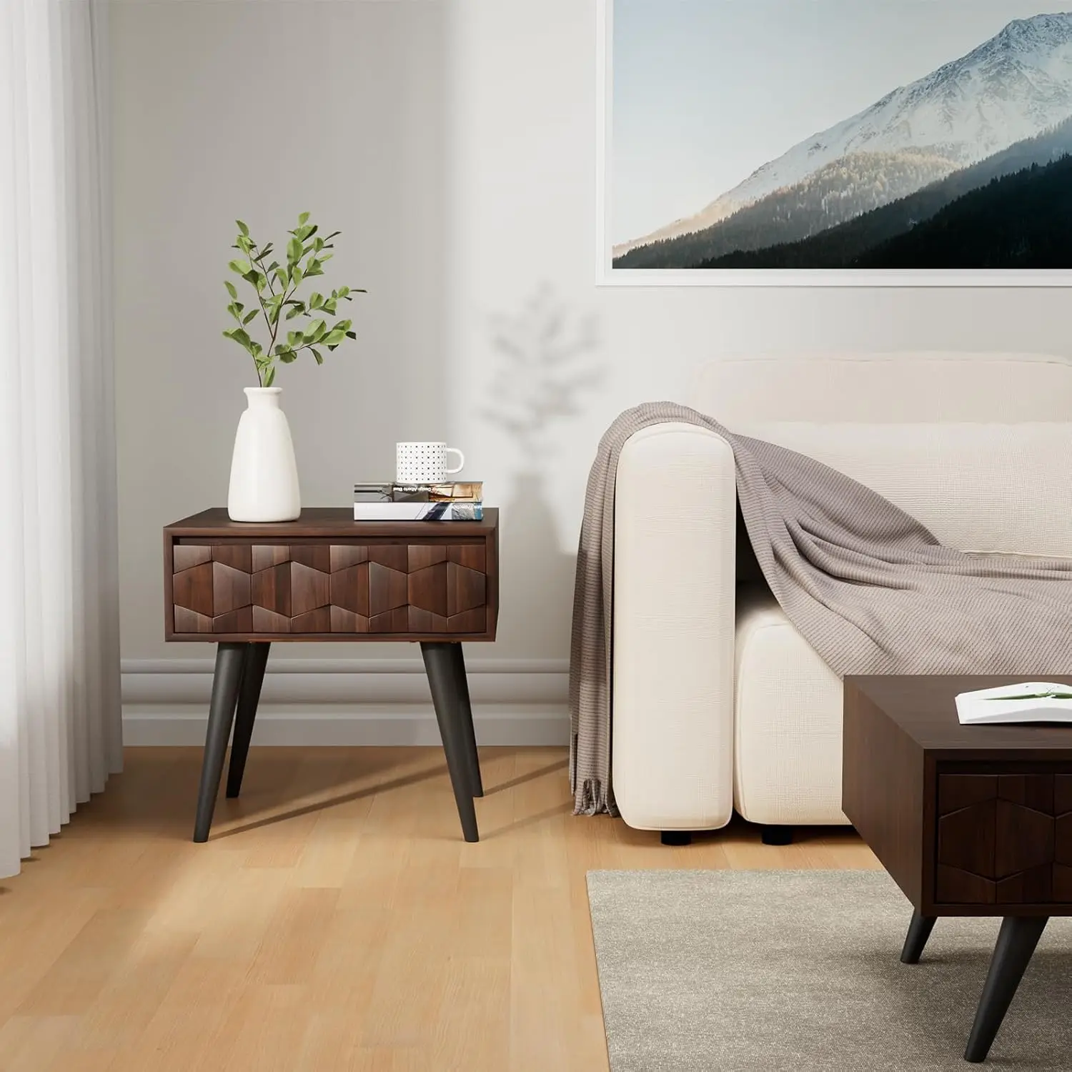 

Solid Wood Nightstands with Drawers - Fully Assembled Rustic Geometric Pattern Bedside Cabinet - Mid Century Modern Side Table