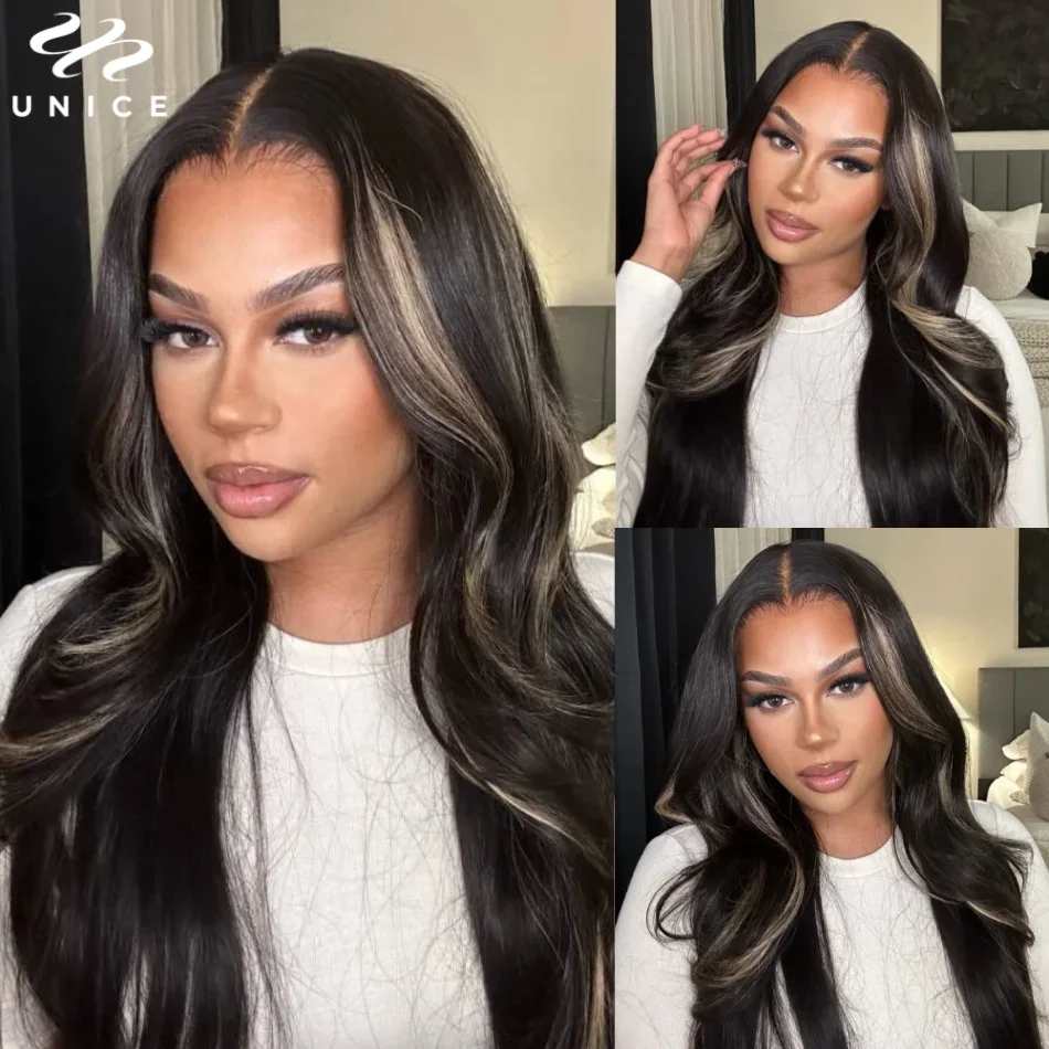 Perruque Body Wave pré-tout sans colle-UNice Hair, cheveux humains, balayage blond, balayage, nœuds invisibles, pré-emballé, 13x4