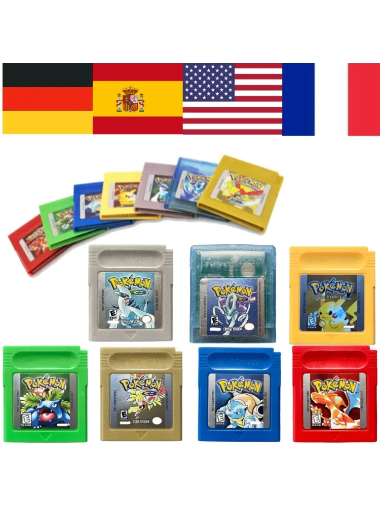 7 Pokémon 16-Bit GBC-Spielmodule in verschiedenen Ausführungen: Rot, Blau, Grün, Gold, Silber, Crystal, Gelb – USA/FRA/NOE/ESP-Version, Englischsprachig