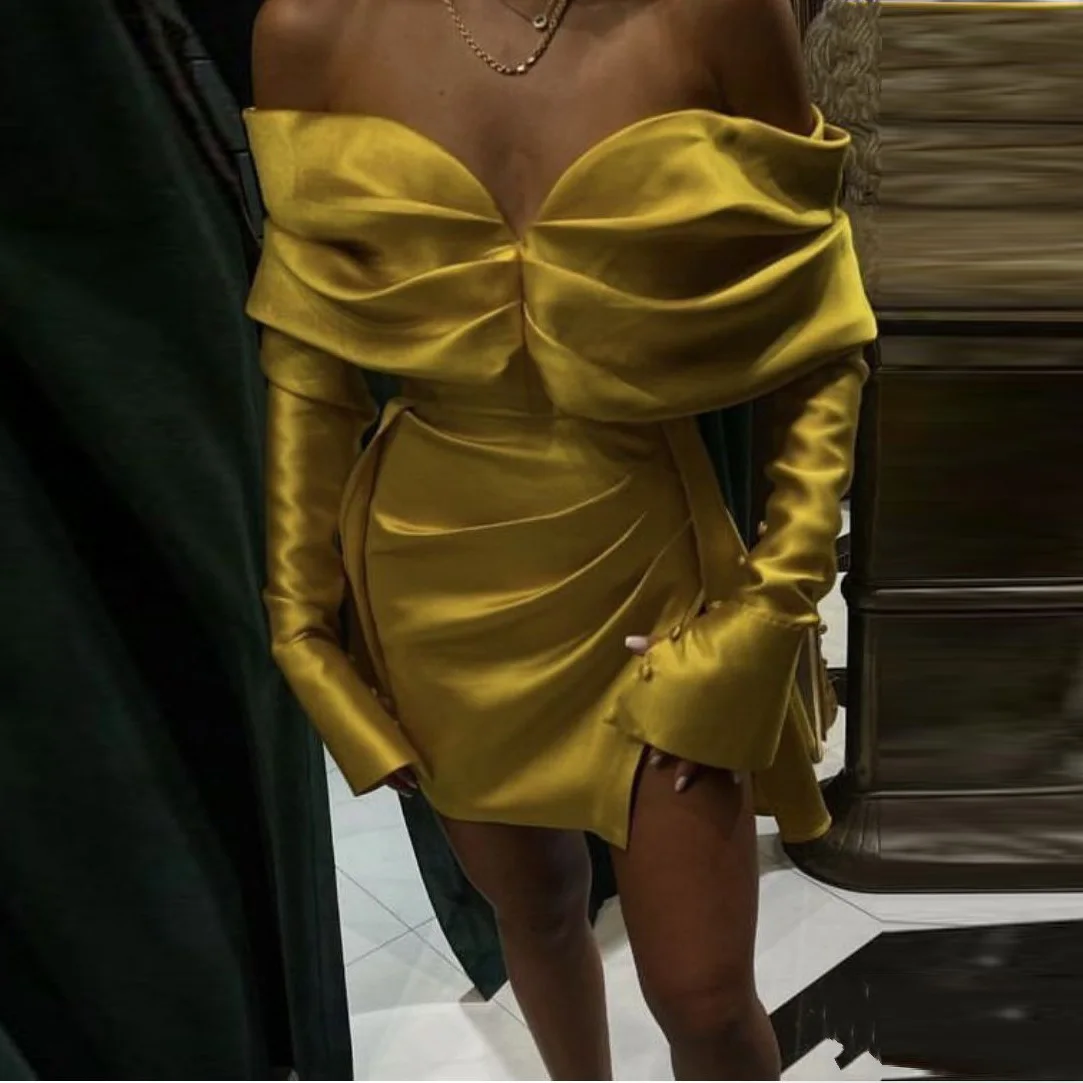 

Gold Short Dress with Sleeves Buttons Small Split Sexy Mini Prom Gowns Above Knee Length Ruched Off Shoulder Party Dresses