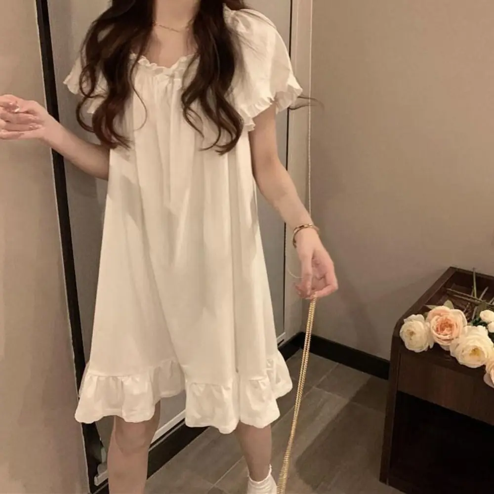 Fashion Bowknot Women's Pajama Dress Short Sleeve Home Wear Ruffle Nightdress Sleepwear Loose Princess Nightgown Home