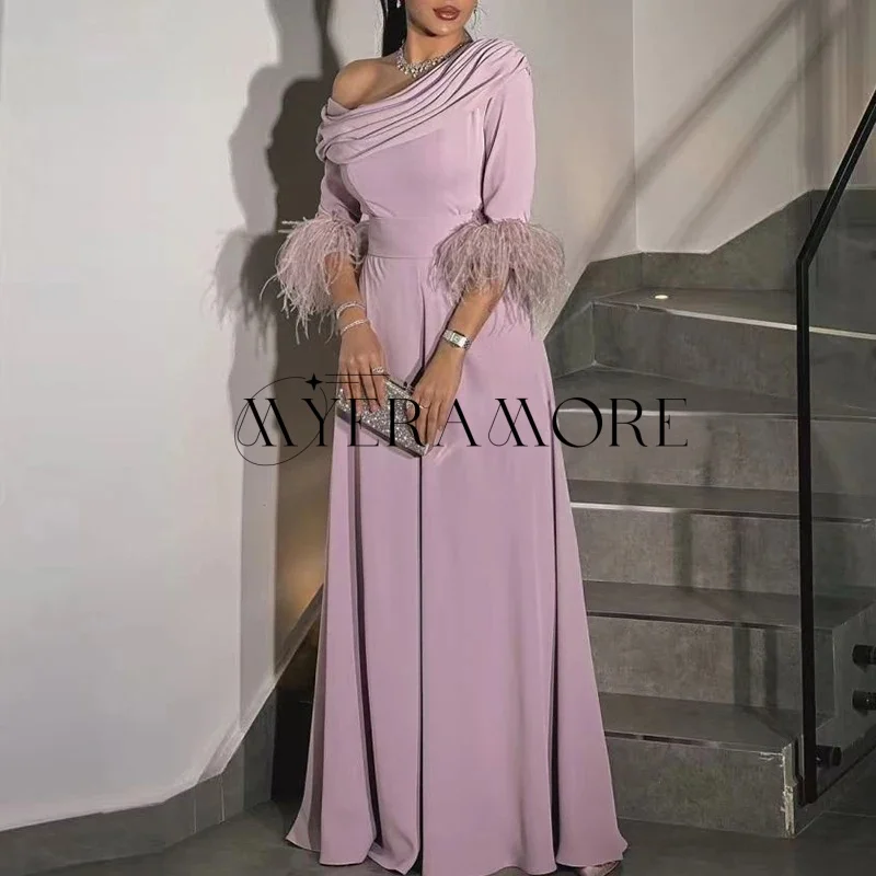 

High Quality One-Shoulder Evening Dresses A-Line Half sleeve Feather Party Prom Gown Customized robes de soirée