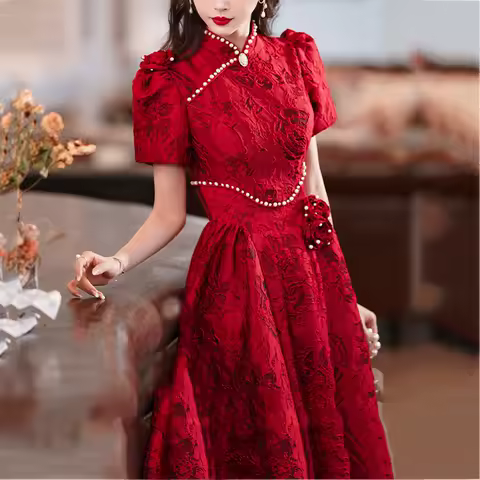Vintgae Chinese Style Burgundy Women Qipao Toast Clothing Evening Party Dress Jacquard Beads Prom Dress Palace Style Maxi Dress