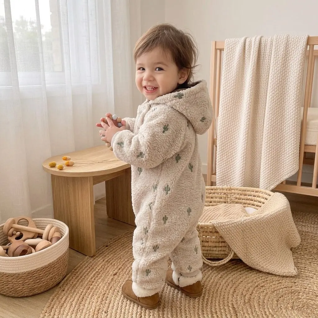 Unisex Baby Cactus Embroidery Sherpa Romper Hooded Thick Fleece Jumpsuit Infant Side Button Winter Outfit