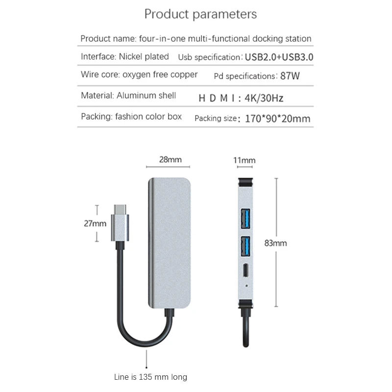 4 In 1 USB Type C Hub Adapter With 4K 30Hz -Compatible Multiport Card Reader USB3.0 Tf Pd Video Multi Ports Adapter