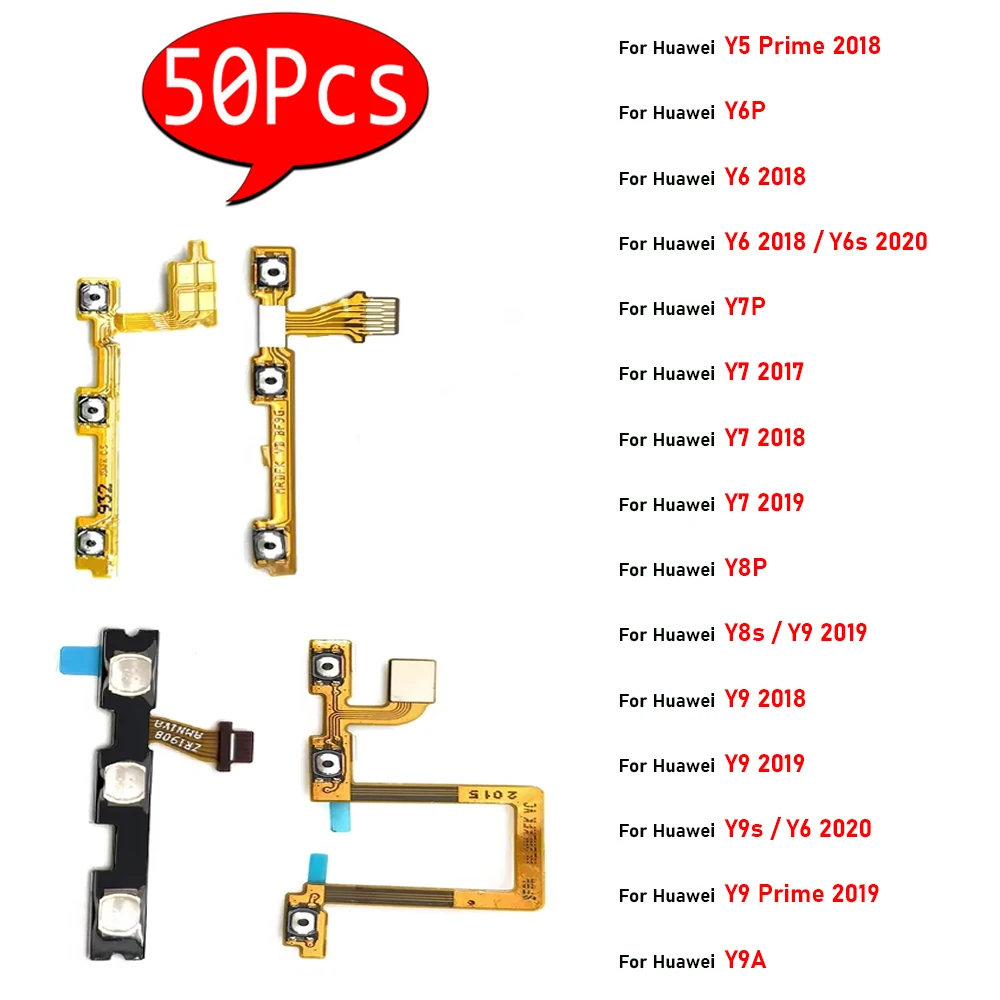 50Pcs， Power Switch On/Off Button Volume Key Button Flex For Huawei Y5 Prime 2018 Y6P Y6 Y7 Y9 2017 2019 Y6S Y9S 2020 Y9A Y8P
