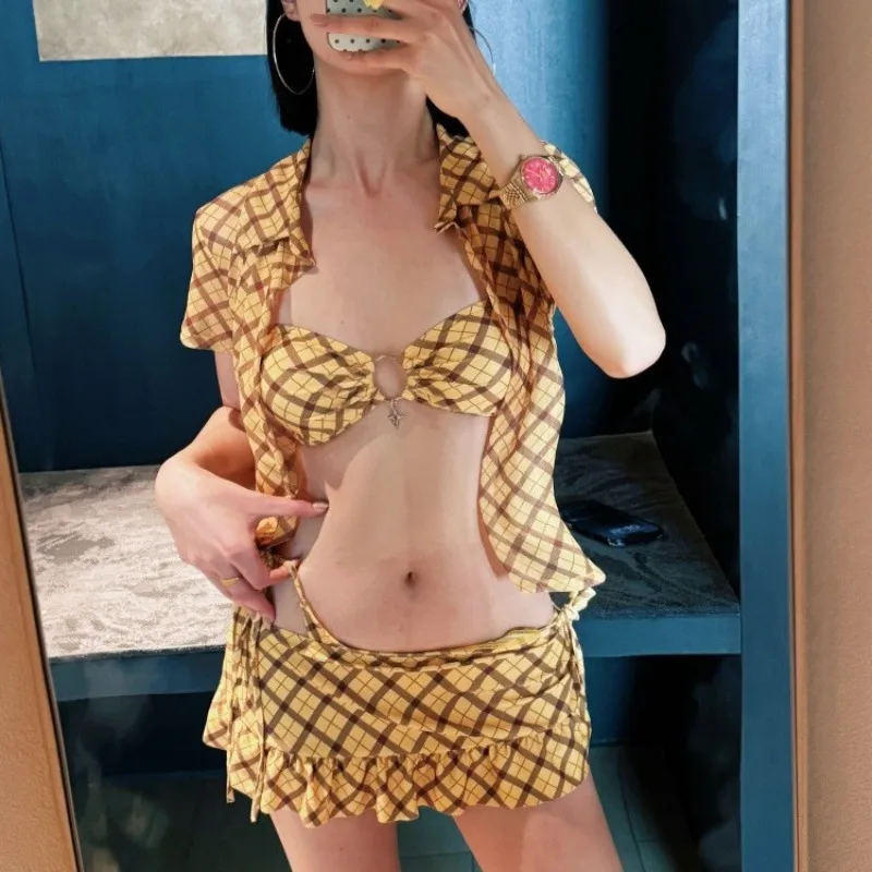 

Женский комплект в пасторальном стиле с клетчатым принтом и коротким рукавом, купальник из 4 предметов, сладкий свежий сексуальный облегающий купальный костюм для пляжного отдыха