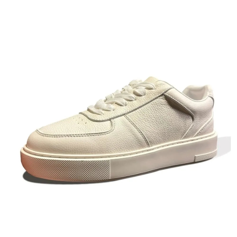 Men's Off‑White Pebbled Leather Sneakers, Lace‑Up Low Top Thick Sole Retro Casual Platform Shoes