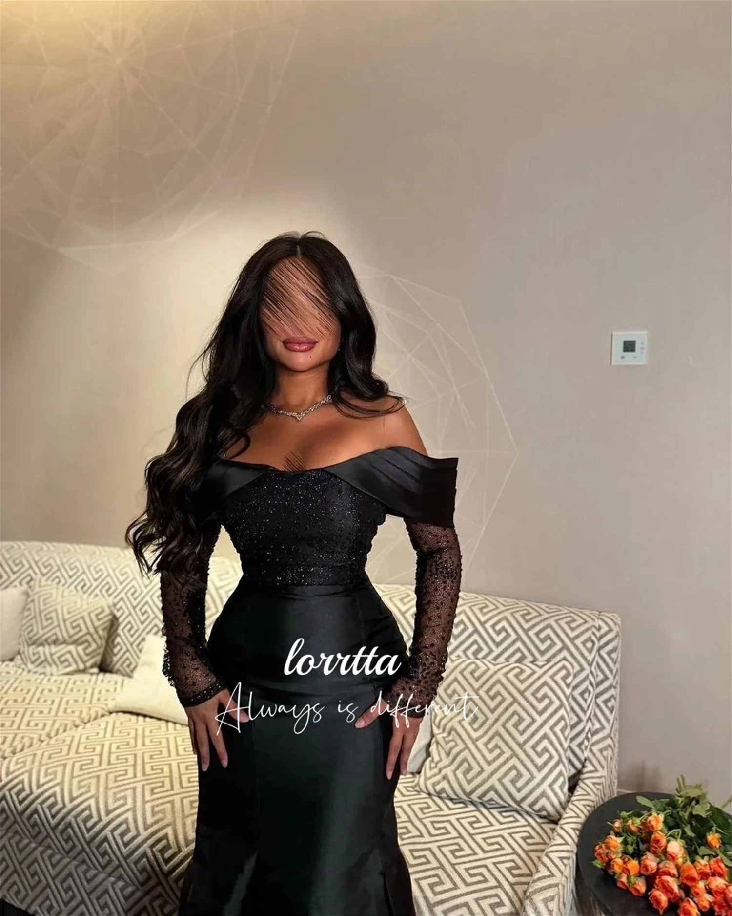 Lorrtta Black Beaded Embroidered Sleeves Satin Mermaid Evening Dress Elegant Womens Party Dresses for Special Occasions Woman