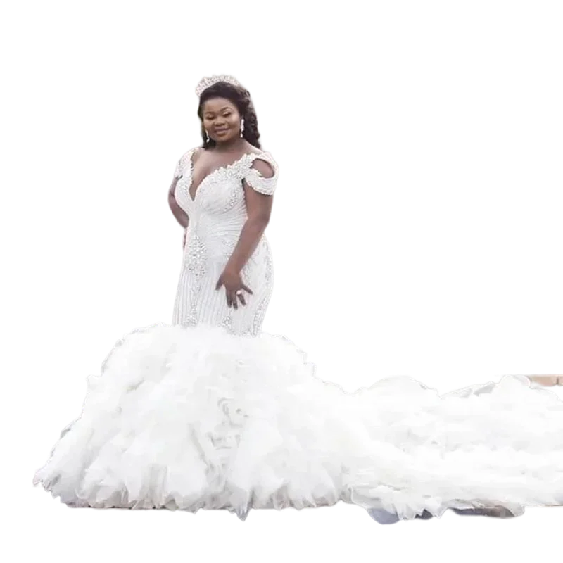 

Customized Classic Off The Shoulder Heavy Beading Crystals Mermaid Wedding Dresses Tiered Layers Ruffles Plus Size Bridal Gown