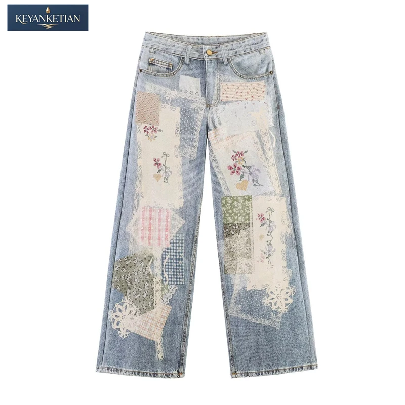 

KEYANKETIAN 2026 New style Y2K Grunge Patchwork Denim Pants Floral Print Patches, Lace Trim Straight Leg Silhouette Jeans
