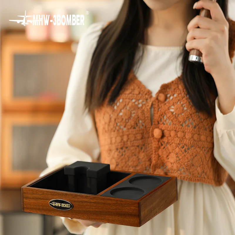 MHW-3BOMBER Espresso Tamping Station Wooden Espresso Station Organizer Coffee Knock Box 51/54/58mm Portafilter Holder Small
