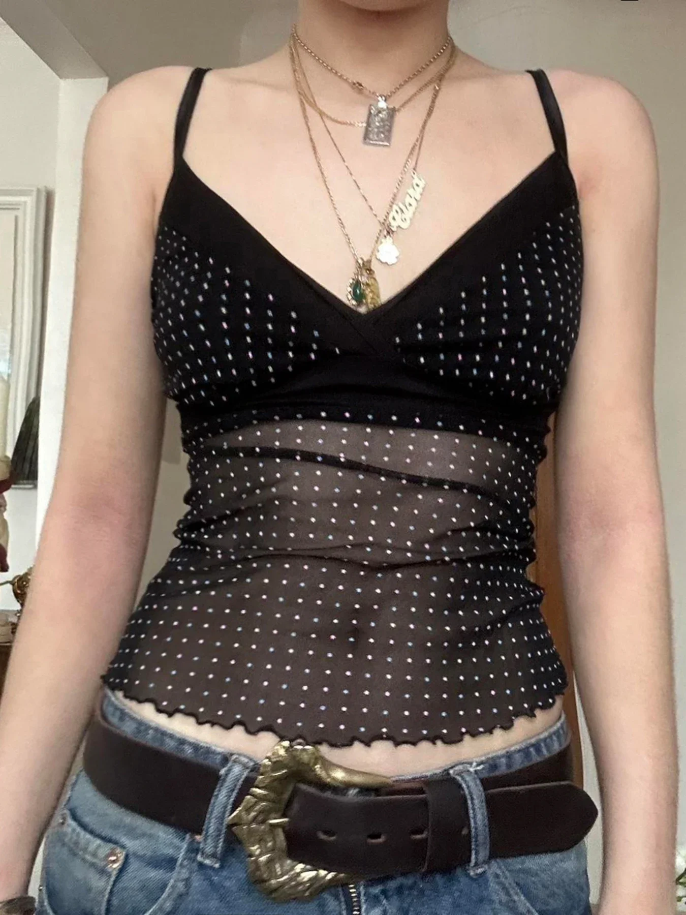 

2025 Sexy Dot Print Crop Bustiers V-neck Transparent Patchwork Sleeveless Camisole Backless Summer Cute Y2K Outfits
