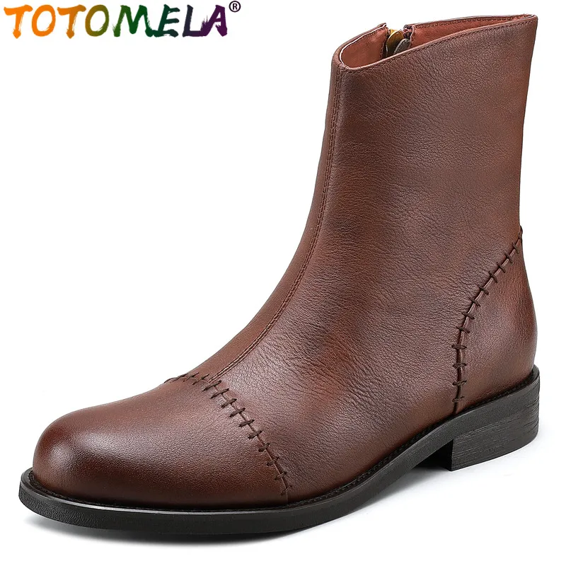 

TOTOMELA 2024 New Sewing Genuine Leather Zipper Boots Square Low Heels Ankle Boots Vintage Female Platform Spring Boots